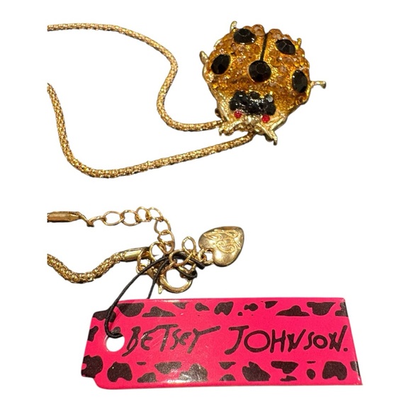 Betsey Johnson Ladybug Pendant Necklace Brooch Gold Tone w/ Rhinestones JB9 - Picture 4 of 6